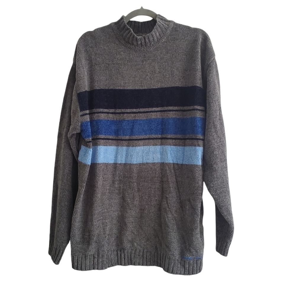 VTG Anchor Blue XL Gray Blue Stripe Chenille‎ Sweater 90s/2000s Y2K
